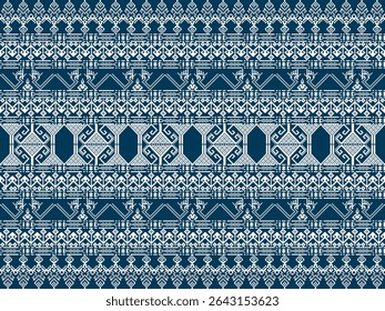 A detailed geometric textile pattern in navy blue and cream, featuring intricate symmetrical designs and ornamental motifs.