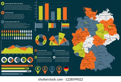 Detailed Germany map with infographic elements. Vector illustration.