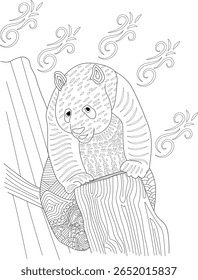Ilustração de panda gigante detalhada para relaxamento de páginas de coloração adultas, apresentando intrincados padrões inspirados em zentangle em um fundo branco, ideal para Mindfulness e projetos criativos.
