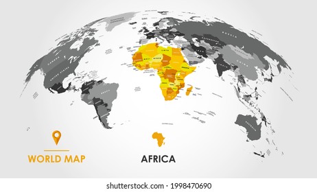Detailed global world map, with borders and names of countries, seas and oceans, Continent of Africa in colors, vector illustration