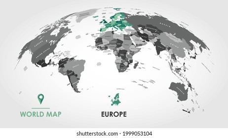 Detailed global world map, with borders and names of countries, seas and oceans, Continent of Europe in colors, vector illustration