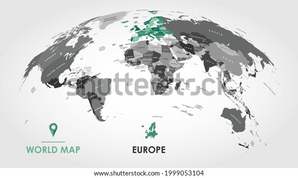 Detailed global world map, with borders and\
names of countries, seas and oceans, Continent of Europe in colors,\
vector illustration
