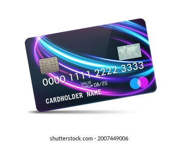 Detailed glossy platinum credit card with wavy neon light decoration, isolated on white background. Vector Illustration