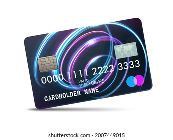 Detailed glossy platinum credit card with wavy neon light decoration, isolated on white background. Vector Illustration