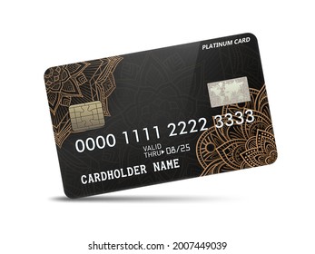 Detailed glossy platinum credit card with pattern decoration, isolated on white background. Vector Illustration