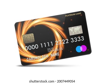 Detailed glossy platinum credit card with ring neon light decoration, isolated on white background. Vector Illustration