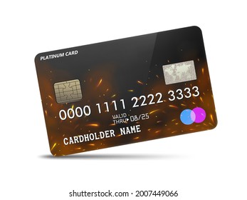 Detailed glossy platinum credit card with fire flying sparks, isolated on white background. Vector Illustration
