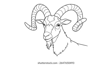Detailed goat illustration coloring page focusing on the unique shape and curve of its prominent horns