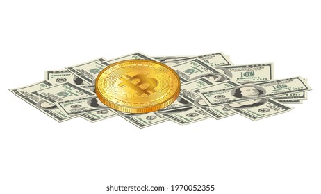Detailed gold bitcoin coin lies on a pile of paper 100 us dollars banknotes isolated on white. Digital gold over cash money. Vector illustration.