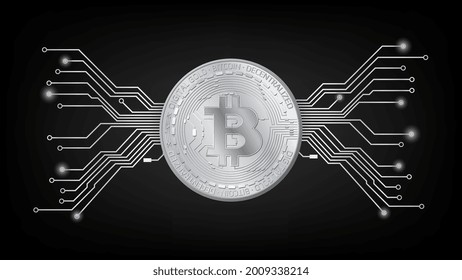 Detailed gold coin Bitcoin BTC token with pcb tracks in black and white on dark background. Digital gold in techno style for website or banner. Vector illustration.