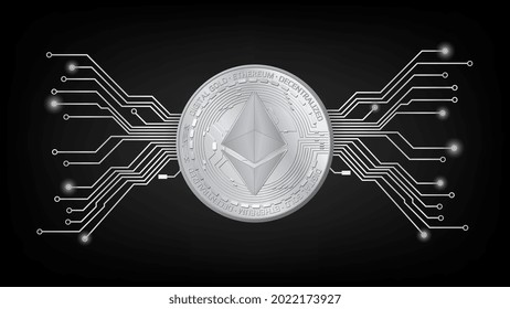 Detailed gold coin Ethereum ETH token with pcb tracks in black and white on dark background. Digital gold in techno style for website or banner. Vector illustration.