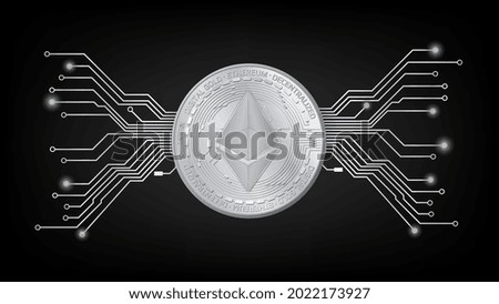 Detailed gold coin Ethereum ETH token with pcb tracks in black and white on dark background. Digital gold in techno style for website or banner. Vector illustration.