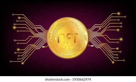 Detailed gold coin NFT non fungible token with pcb tracks on dark red background. Pay for unique collectibles in games or art. Vector illustration.