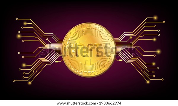 Detailed gold coin NFT non fungible token\
with pcb tracks on dark red background. Pay for unique collectibles\
in games or art. Vector\
illustration.