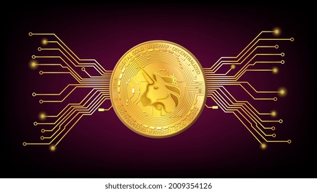 Detailed gold coin UniSwap UNI token of defi sector with pcb tracks on dark red background. Digital gold in techno style for website or banner. Vector illustration.