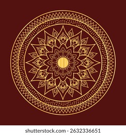 A detailed gold mandala with floral and geometric patterns on a deep red background, radiating symmetry, elegance, spiritual symbolism, and cultural artistry in intricate concentric circles.