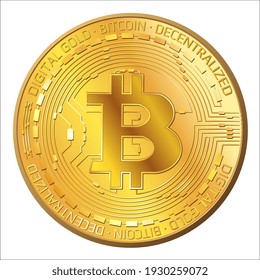 Monedas de oro detalladas Bitcoin en la vista frontal aislado en blanco. Símbolo de BTC de oro y dinero digital moderno. Ilustración vectorial.