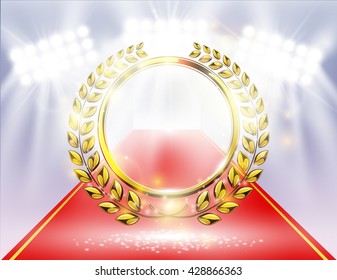 Detailed golden laurel wreath award with Red carpet, spotlight background and sparks. Victory, achievement, honor, quality product, anniversary. Vector illustration