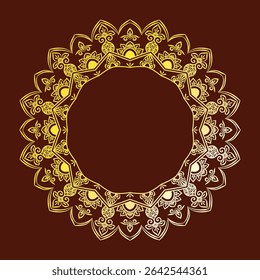 Detailed golden mandala frame with floral and petal motifs on a brown background. Ideal for invitations, cards, festive designs, or decorative digital art. Ethnic and elegant design.