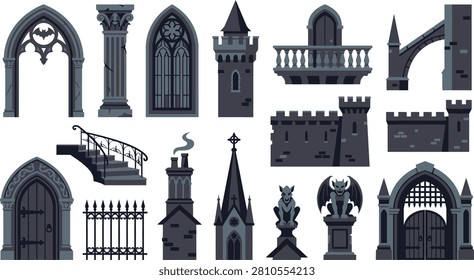 Detailed gothic architectural elements collection featuring stone towers arches gargoyles and castle walls in a flat vector graphic design style