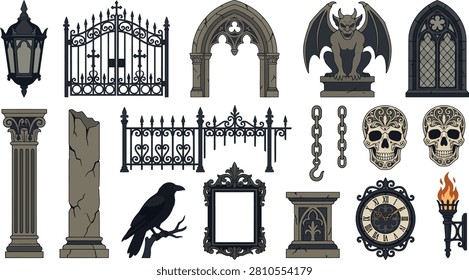Detailed gothic vector illustration collection featuring graveyard elements like stone arches gargoyles iron fences skulls and mysterious antique clock designs