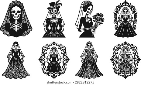 A detailed gothic wedding vector bundle featuring vintage illustrations of spooky brides and ornate frames for dark romantic design projects