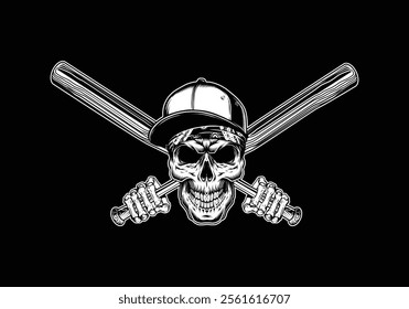 A detailed, graphic black and white illustration of a skull wearing a baseball cap and holding crossed baseball bats.