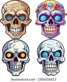 detailed graphic colorful human skulls set