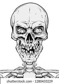 Detailed graphic cool realistic black and white human skull with broken teeth. Isolated on white background. Vector icon.