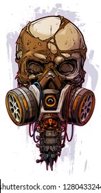 Detailed graphic cool realistic colorful human skull with protective gas mask and crazy eyes. Isolated on gray grunge background. Vector icon.