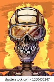 Detailed graphic cool realistic colorful human skull with protective glasses. Isolated on yellow fire background. Vector icon.