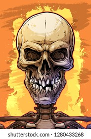 Detailed graphic cool realistic colorful human skull with broken teeth. Isolated on yellow fire background. Vector icon.