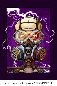 Detailed graphic cool realistic colorful human skull with protective gas mask and crazy eyes. Isolated on violet background with lightning. Vector icon.