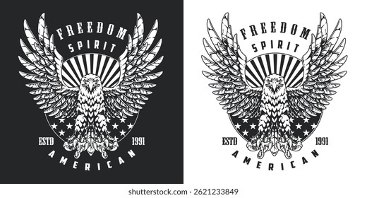 A detailed graphic design showcases an eagle with outstretched wings symbolizing freedom. The design features stars and bold text reflecting American pride and spirit.
