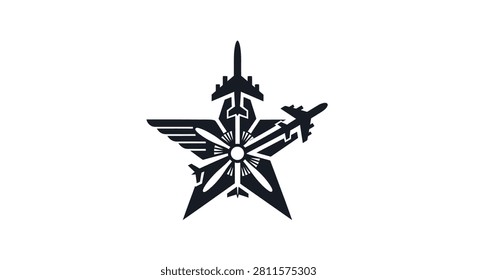 A detailed graphic emblem shaped like a star featuring various silhouettes of fighter jets and airplanes integrated into the design on a white background