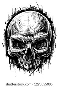 Detailed graphic hand drawn realistic black and white angry human skull. Trash polka style. On white background. Vector icon.