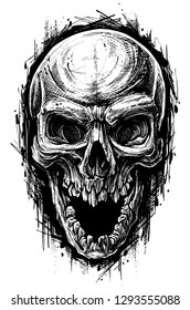 Detailed graphic hand drawn realistic black and white angry human skull with open jaw. Trash polka style. On white background. Vector icon.