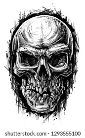 Detailed graphic hand drawn realistic black and white angry human skull with broken teeth. Trash polka style. On white background. Vector icon.