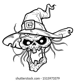 Detailed graphic hand drawn realistic black and white angry witch skull in hat with belt. Isolated on white background. Tattoo outline. Vector halloween icon.