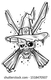 Detailed graphic hand drawn realistic black and white angry wooden skull in witch hat with crossed brooms. Isolated on white background. Tattoo outline. Vector halloween icon.