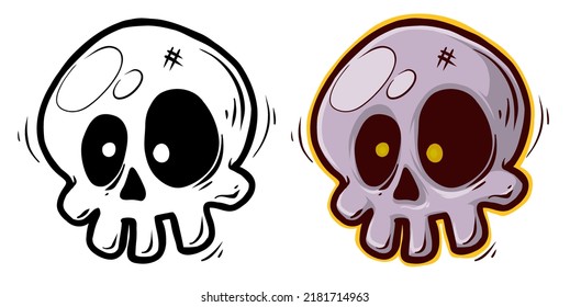Detailed graphic hand drawn realistic black and white funny human skull. Isolated on white background. Tattoo outline. Vector icon.