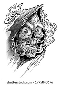 Detailed graphic human skull with big eyes and open mouth in old cape. Isolated on white background. T-shirt vector print.