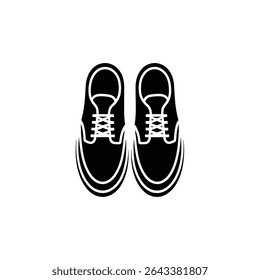 Detailed graphic icon illustrating a pair of black shoes featuring white laces and clearly defined white sole lines on a stark white background.