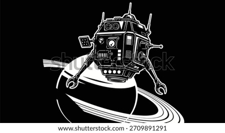 A detailed graphic illustration of a complex robotic satellite in a monochrome style. The space probe features multiple antennas, panels, and mechanical arms for exploration.