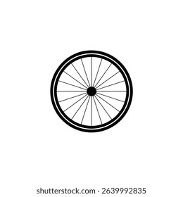 A detailed graphic illustration features a black and white bicycle wheel with clearly defined spokes radiating from the hub to the circular rim of the wheel.
