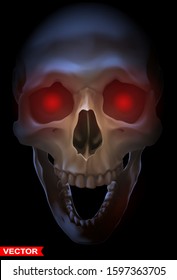 Detailed graphic photorealistic black and white smiling human skull with red eyes. On black background. Vector icon. Front view.