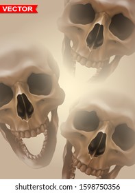 Detailed graphic photorealistic colorful smiling human skulls. On brown background. Vector icon. Poster and t-shirt design.