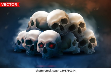 Detailed graphic photorealistic colorful white human skulls lying in big stack with red eyes. On space background. Vector icon. Poster and t-shirt design.
