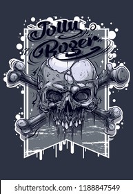 Detailed graphic realistic black and white human skull with crossed bones. On gray flag background. Vector icon.