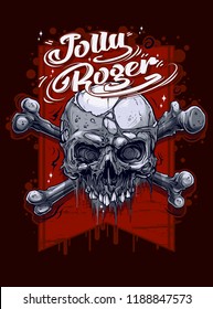 Detailed graphic realistic colorful human skull with crossed bones. On red pirate flag background. Vector icon.